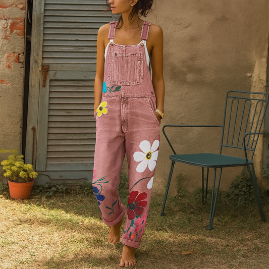 Elegant Floral Print Denim Overalls