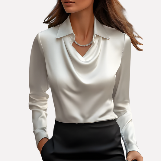 Elegant Women's Satin Blouse with Draped Neckline