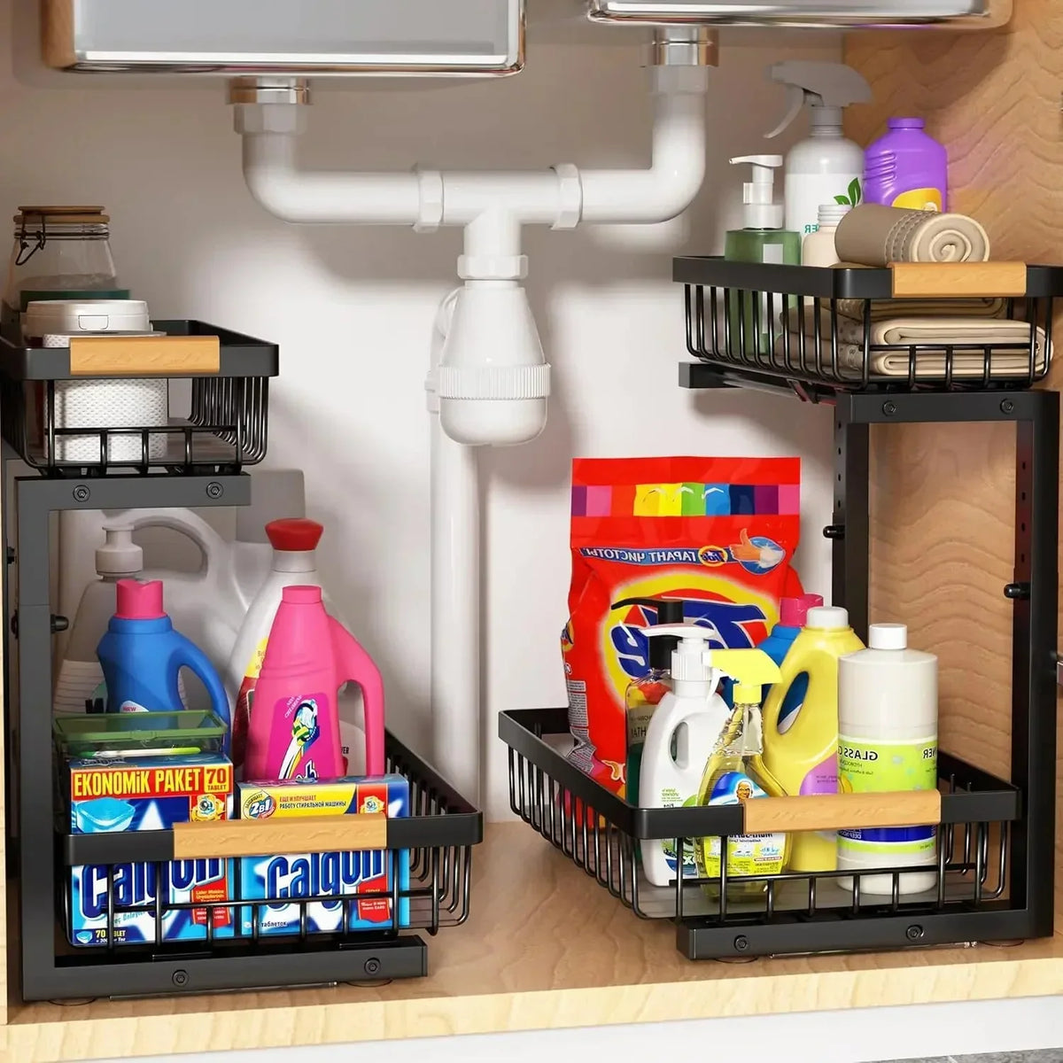 Heavy-Duty Adjustable Steel Under Sink Organizer for Kitchen & Bathroom