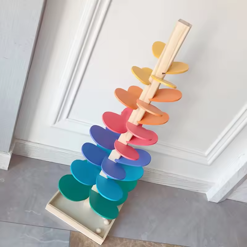Interactive Wooden Rainbow Marble Run Tower Toy for Kids
