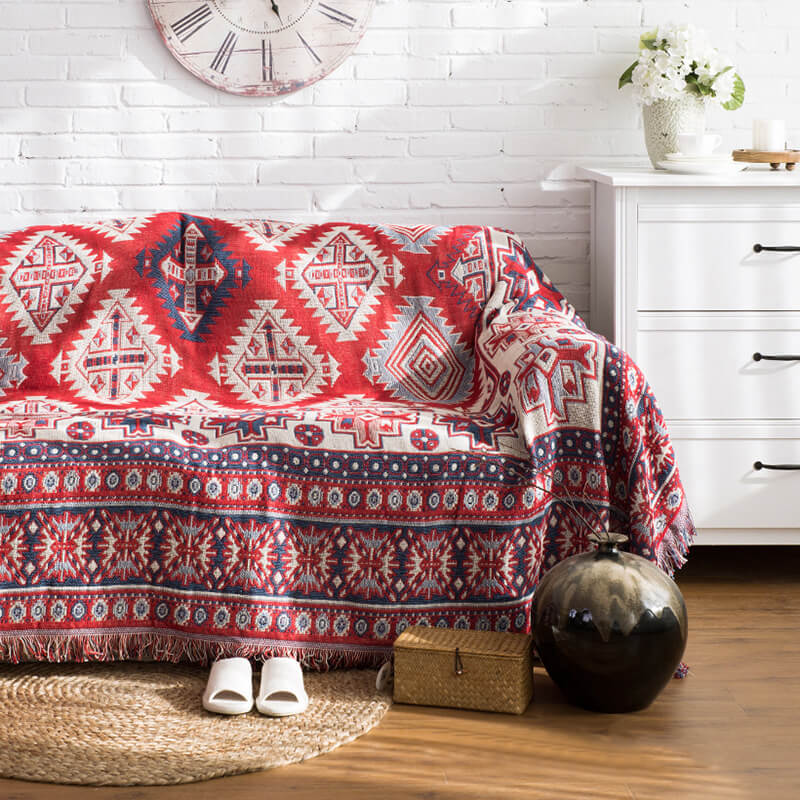 Knitted Bohemian Sofa Throw Blanket with Fringe