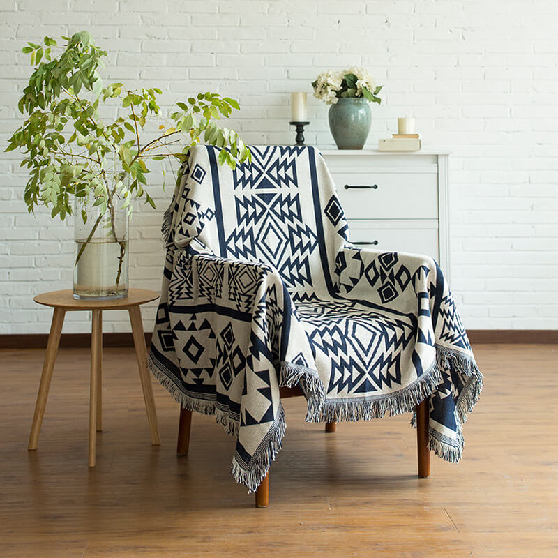 Knitted Bohemian Sofa Throw Blanket with Fringe