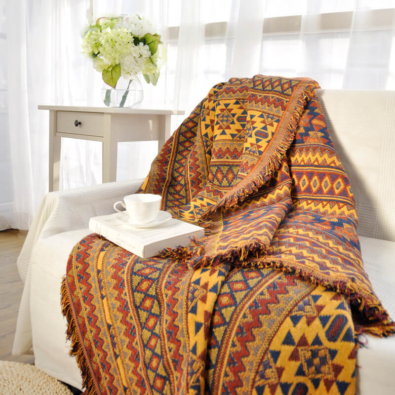 Knitted Bohemian Sofa Throw Blanket with Fringe