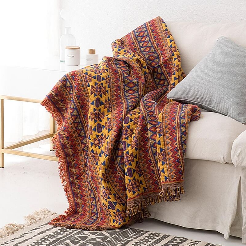 Knitted Bohemian Sofa Throw Blanket with Fringe