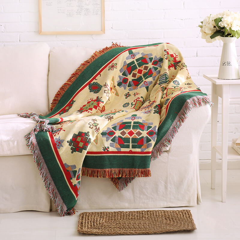 Knitted Bohemian Sofa Throw Blanket with Fringe