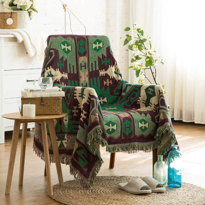 Knitted Bohemian Sofa Throw Blanket with Fringe