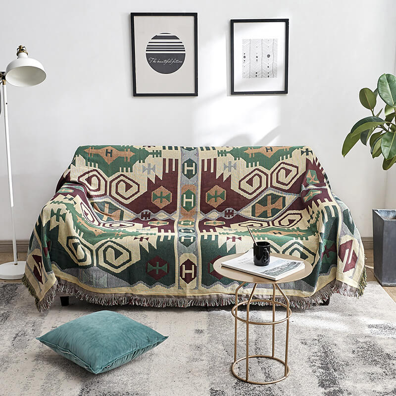 Knitted Bohemian Sofa Throw Blanket with Fringe