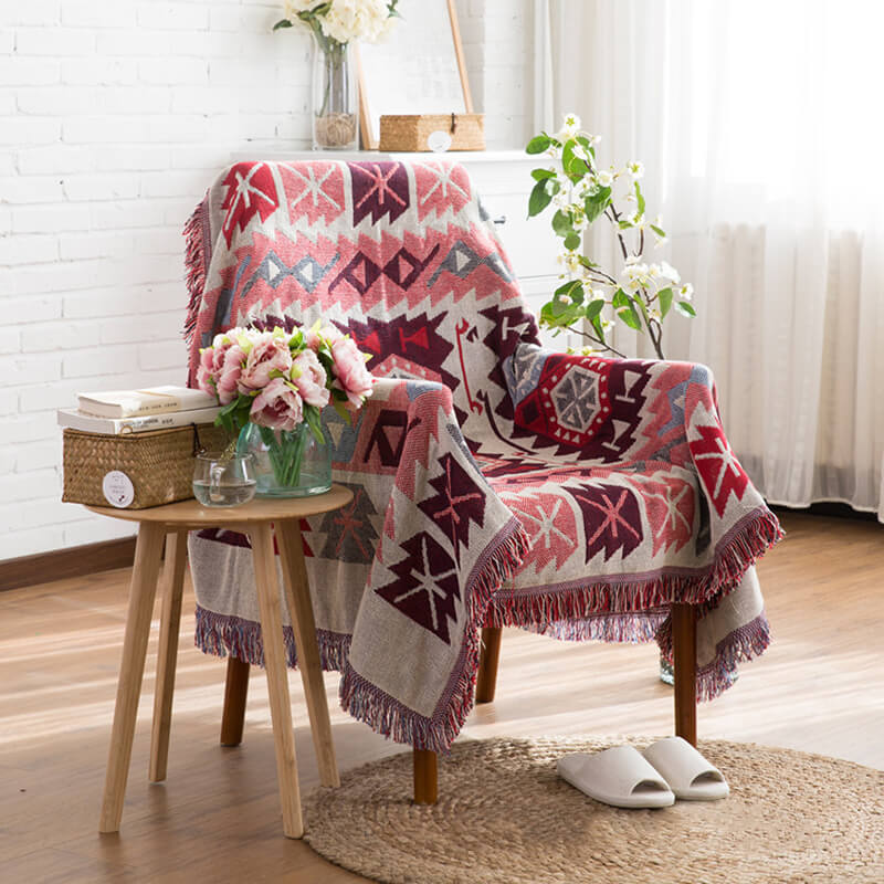 Knitted Bohemian Sofa Throw Blanket with Fringe