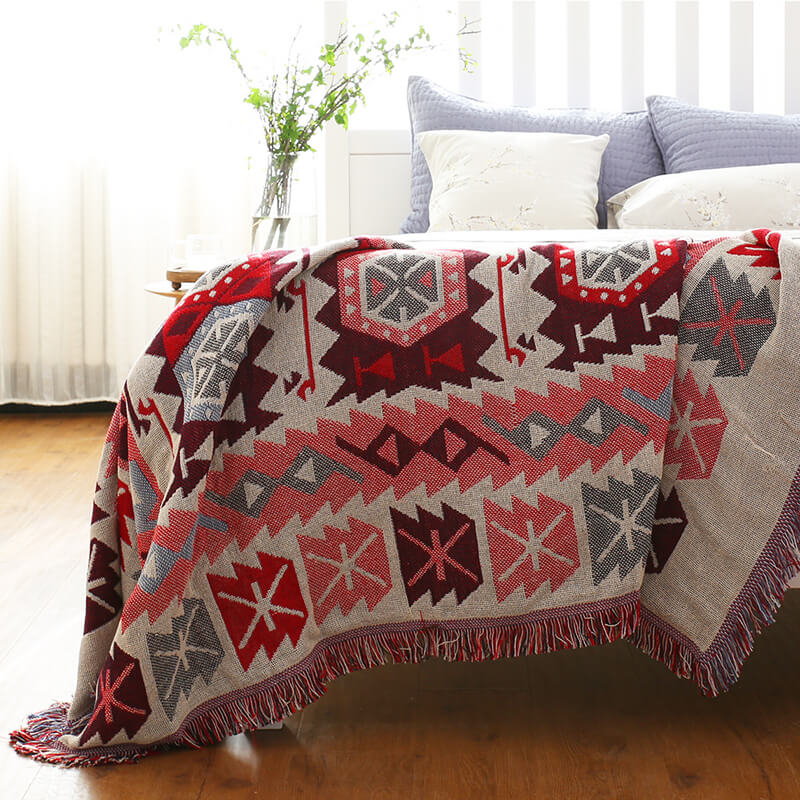 Knitted Bohemian Sofa Throw Blanket with Fringe