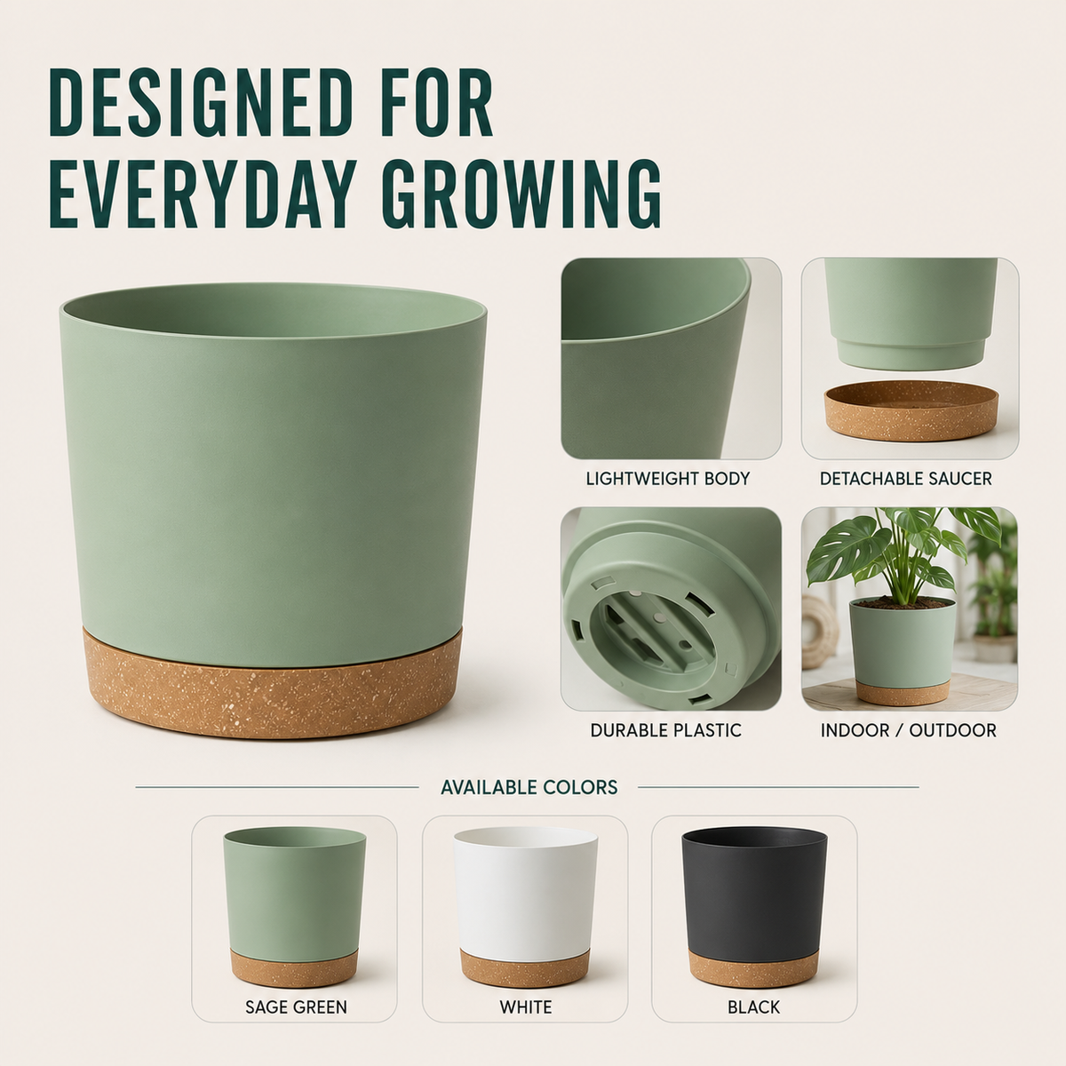 Large Lightweight Pot with Drainage Holes