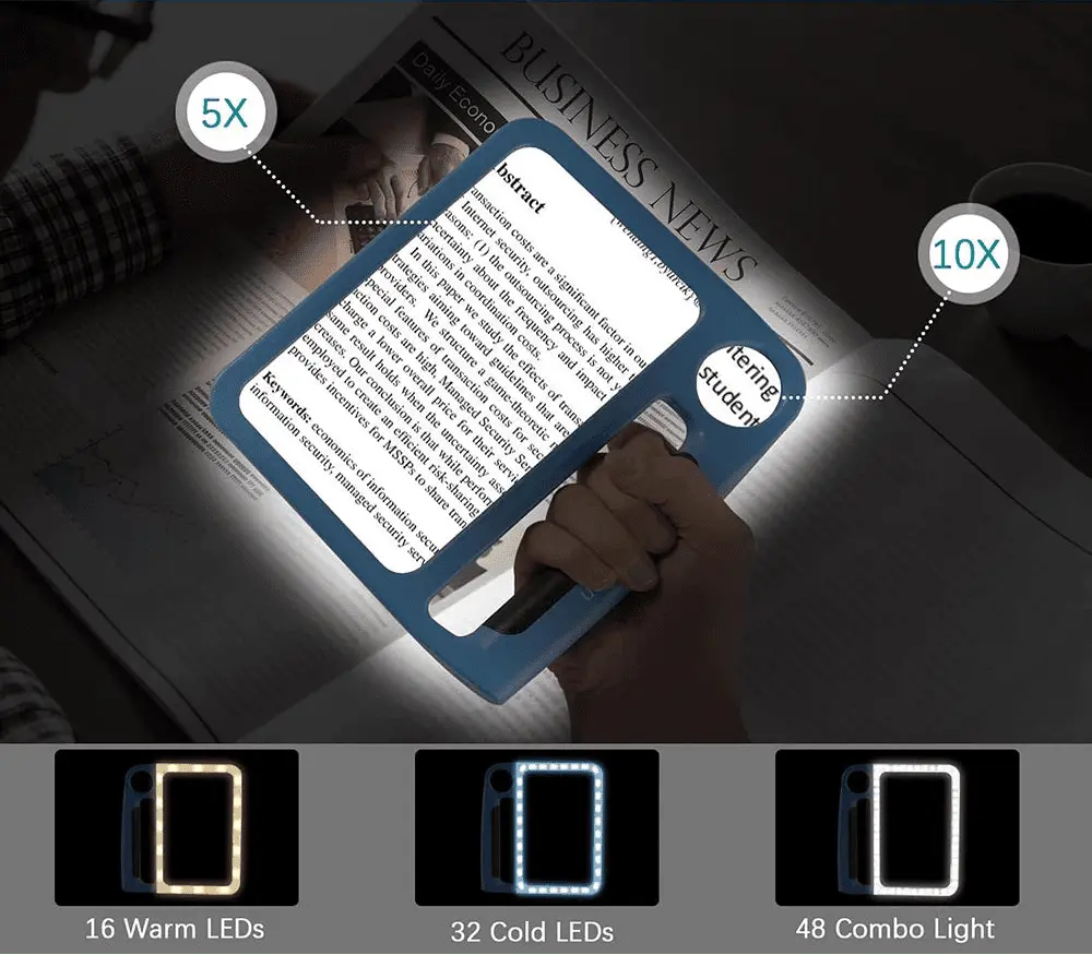 Lighted LED Magnifying Glass with 5x and 10x Magnification and 48 LEDs for Effortless Reading