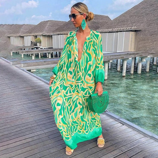 Long-sleeved printed maxi dress