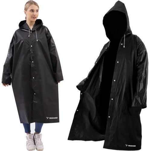 Long Unisex Black Hooded Raincoat