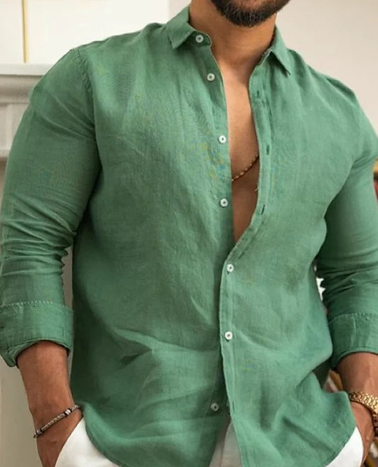 Men's Airy Linen Shirt with Mandarin Collar