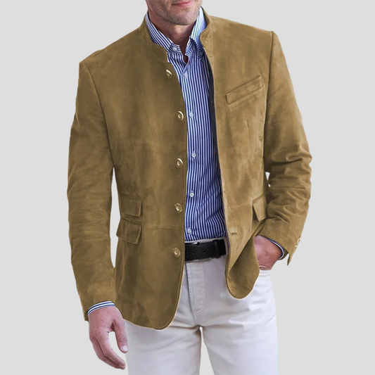 Men's Band Collar Blazer with Button Detail