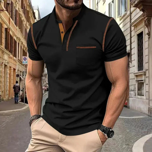Men's Band Collar Henley Shirt with Chest Pocket