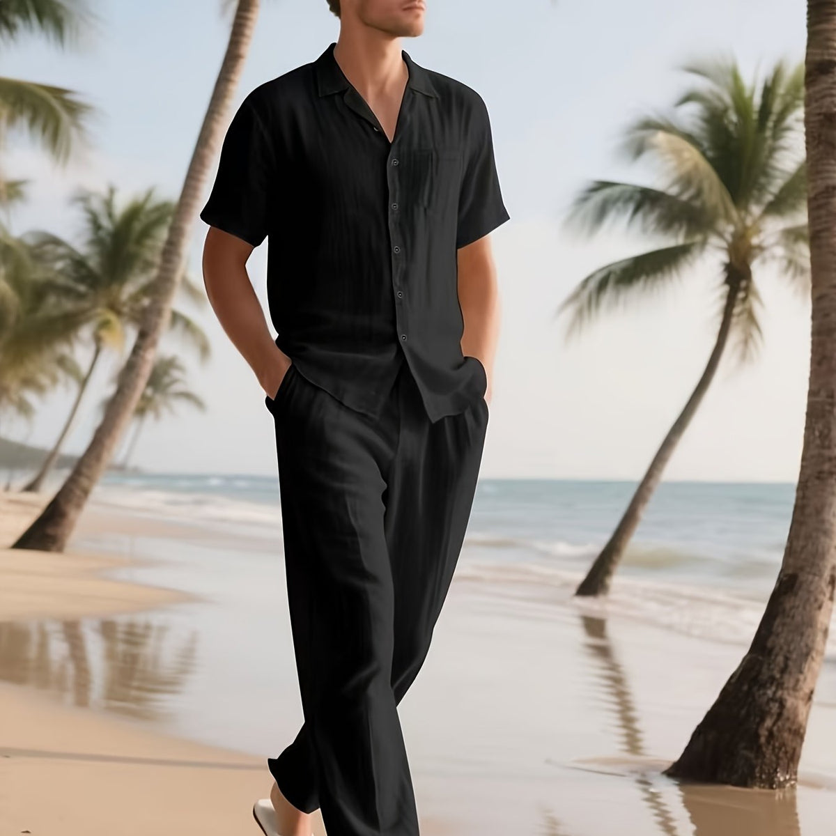 Men's Casual Linen Set – Comfortable and Breathable Short-Sleeve Shirt and Long Trousers