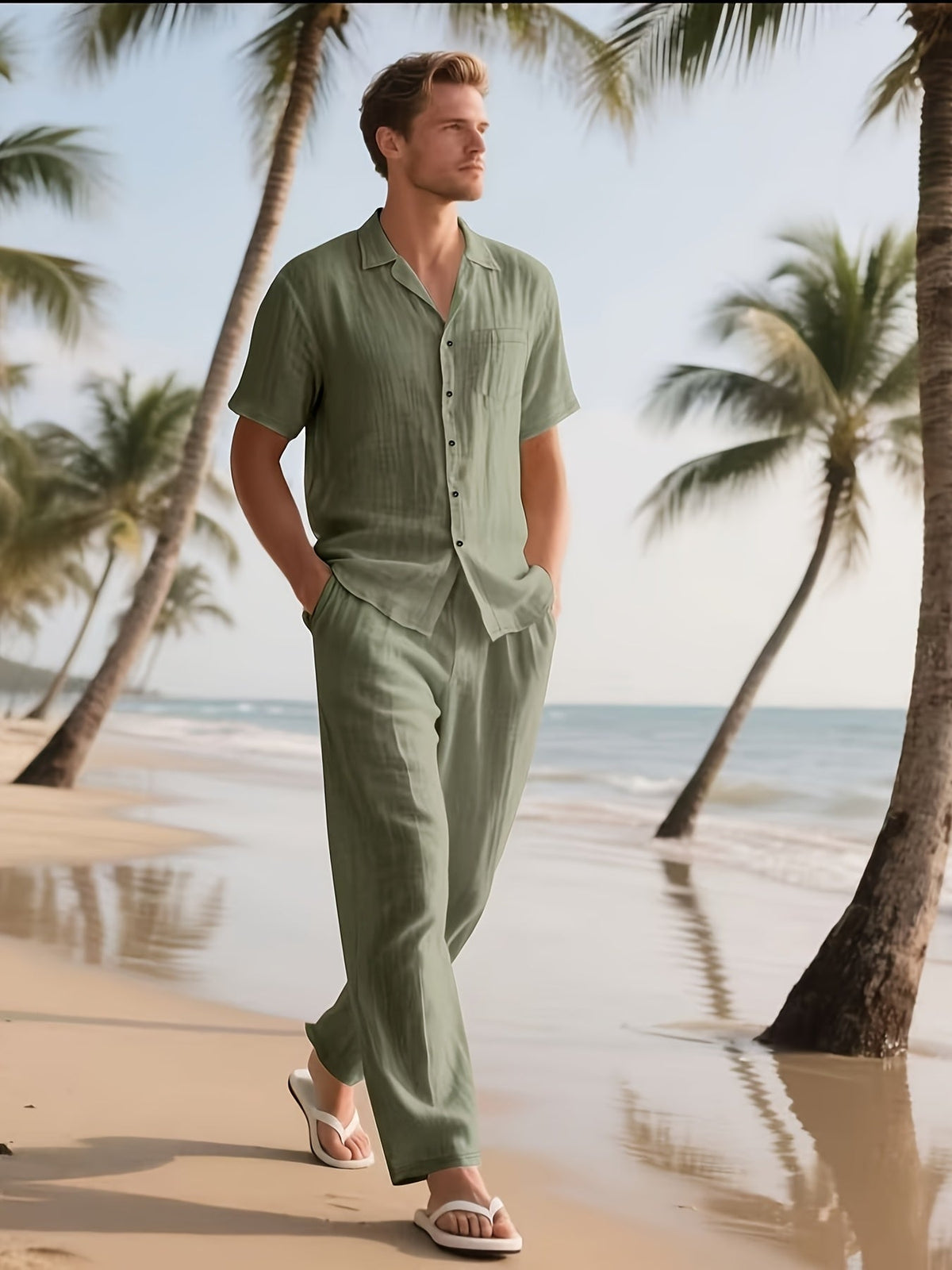 Men's Casual Linen Set – Comfortable and Breathable Short-Sleeve Shirt and Long Trousers