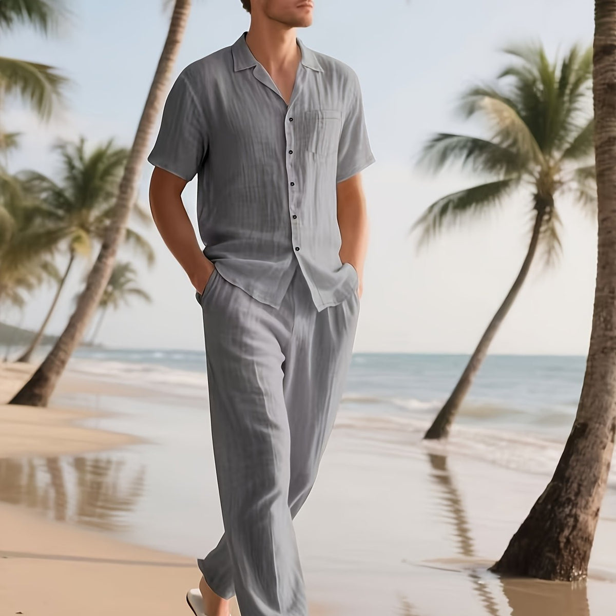 Men's Casual Linen Set – Comfortable and Breathable Short-Sleeve Shirt and Long Trousers