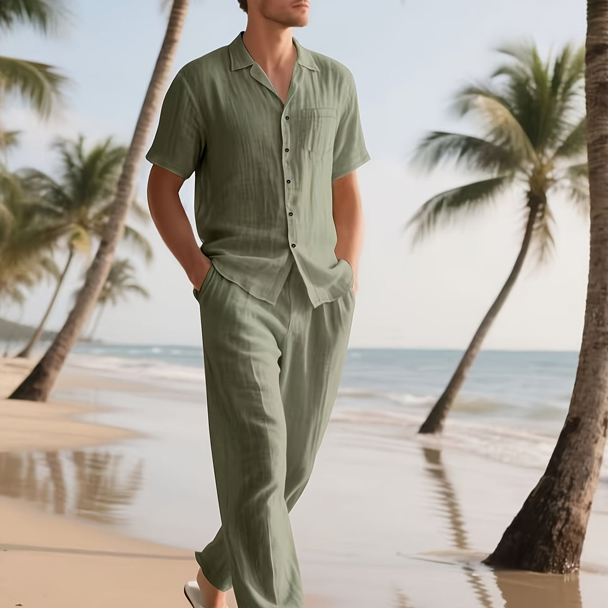 Men's Casual Linen Set – Comfortable and Breathable Short-Sleeve Shirt and Long Trousers
