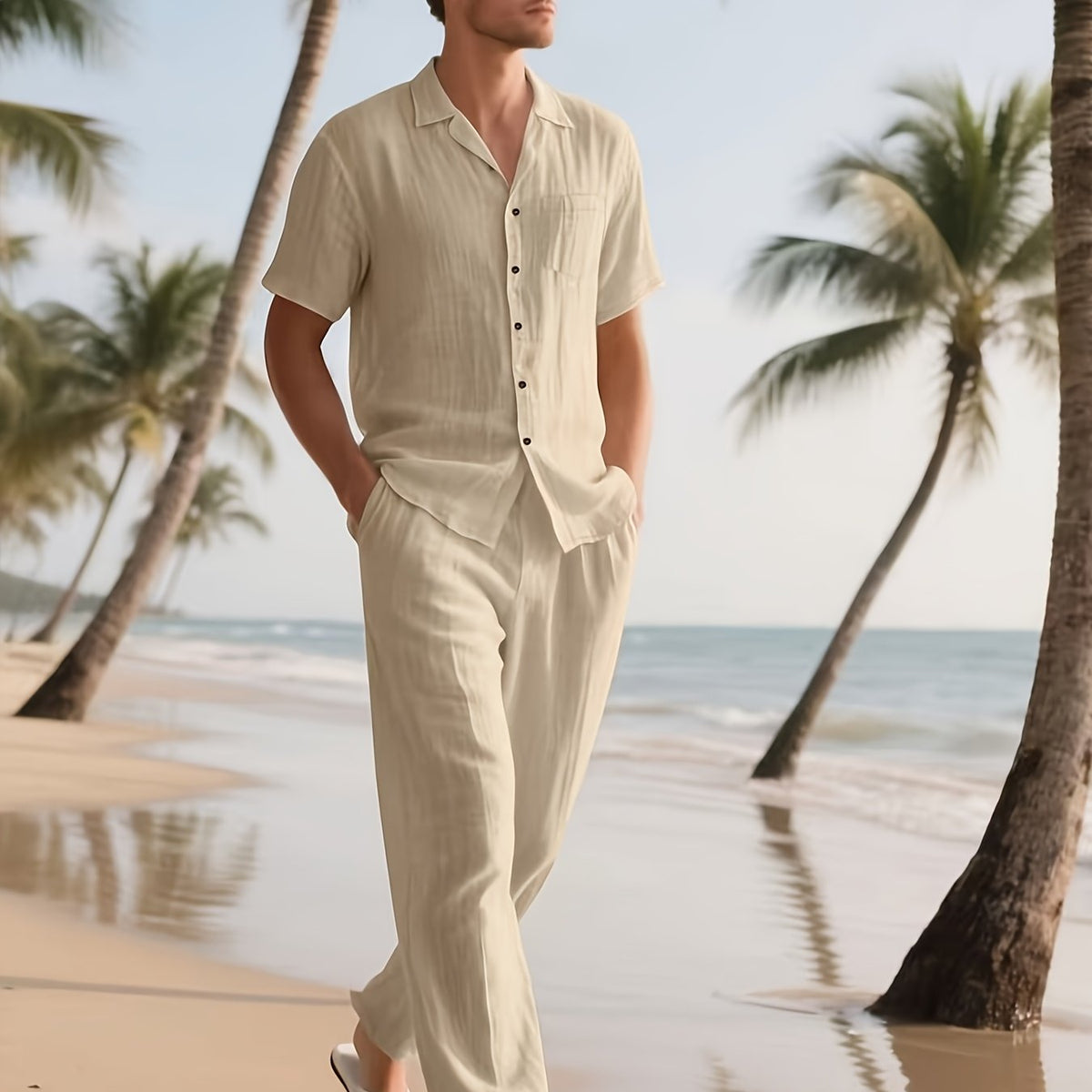 Men's Casual Linen Set – Comfortable and Breathable Short-Sleeve Shirt and Long Trousers