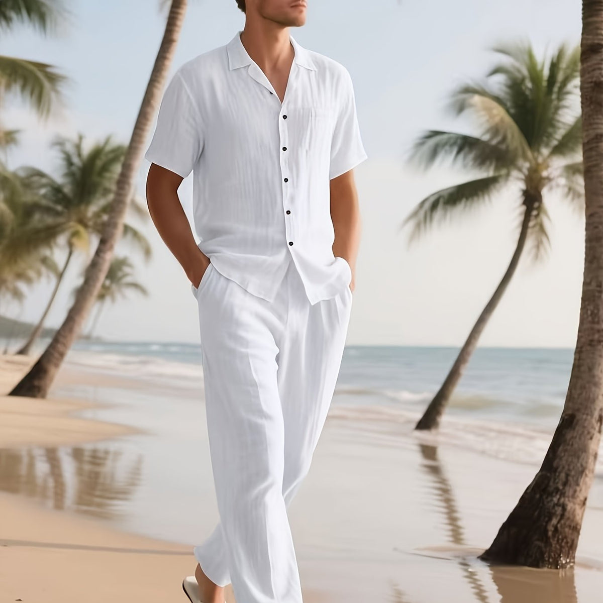 Men's Casual Linen Set – Comfortable and Breathable Short-Sleeve Shirt and Long Trousers