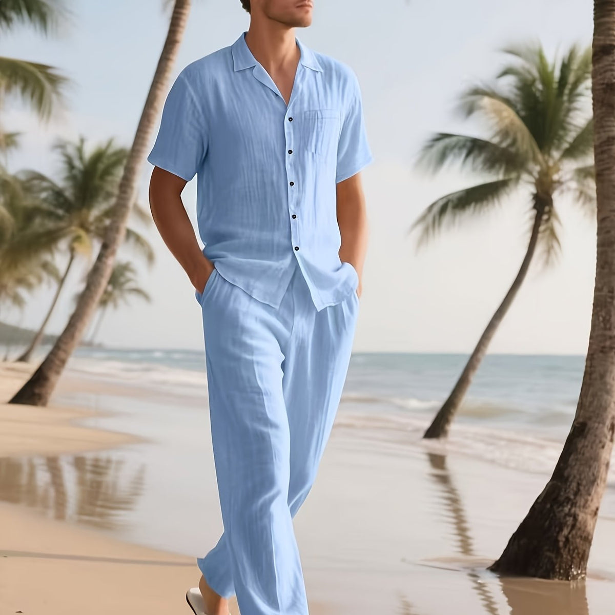 Men's Casual Linen Set – Comfortable and Breathable Short-Sleeve Shirt and Long Trousers