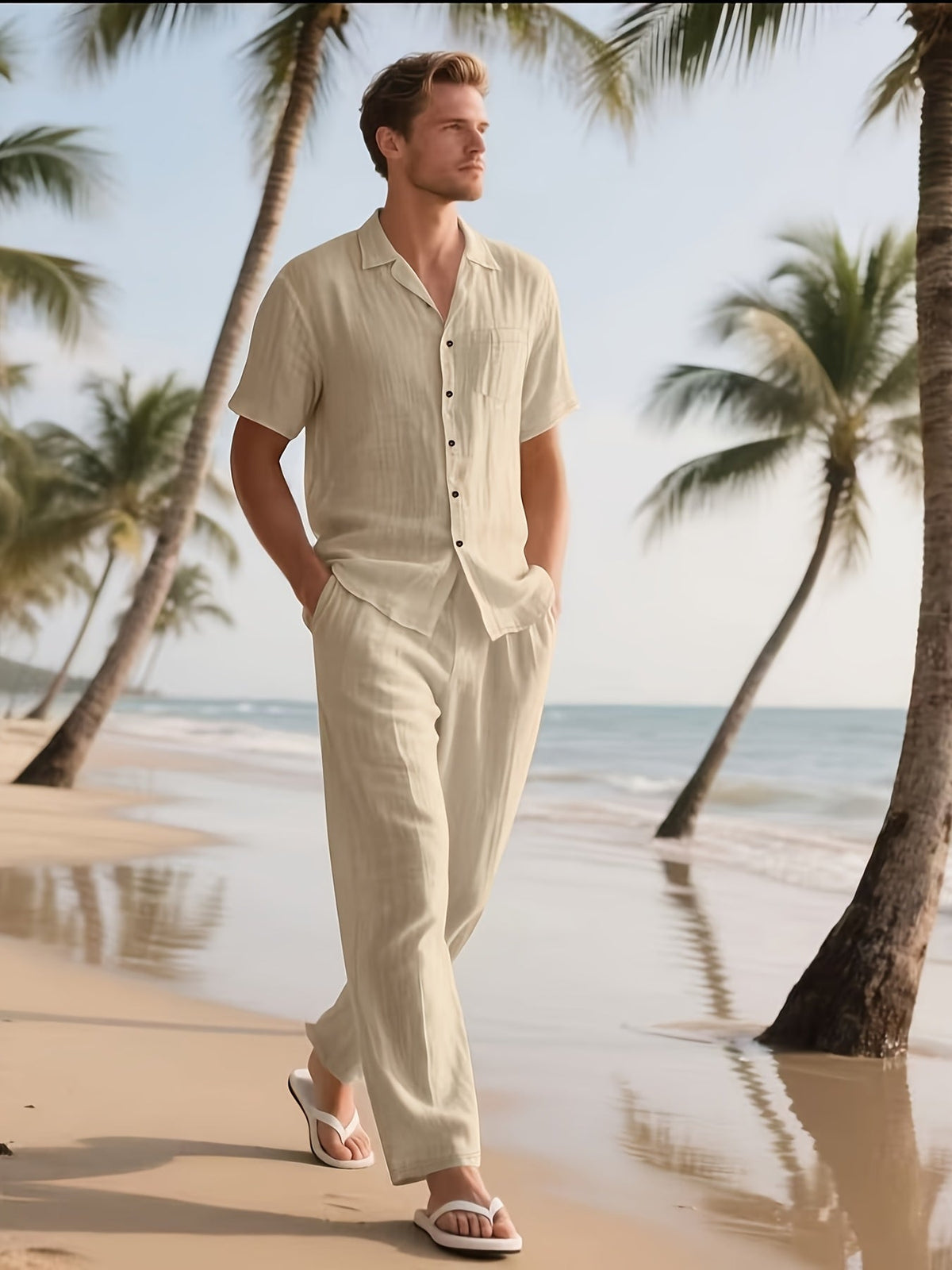 Men's Casual Linen Set – Comfortable and Breathable Short-Sleeve Shirt and Long Trousers