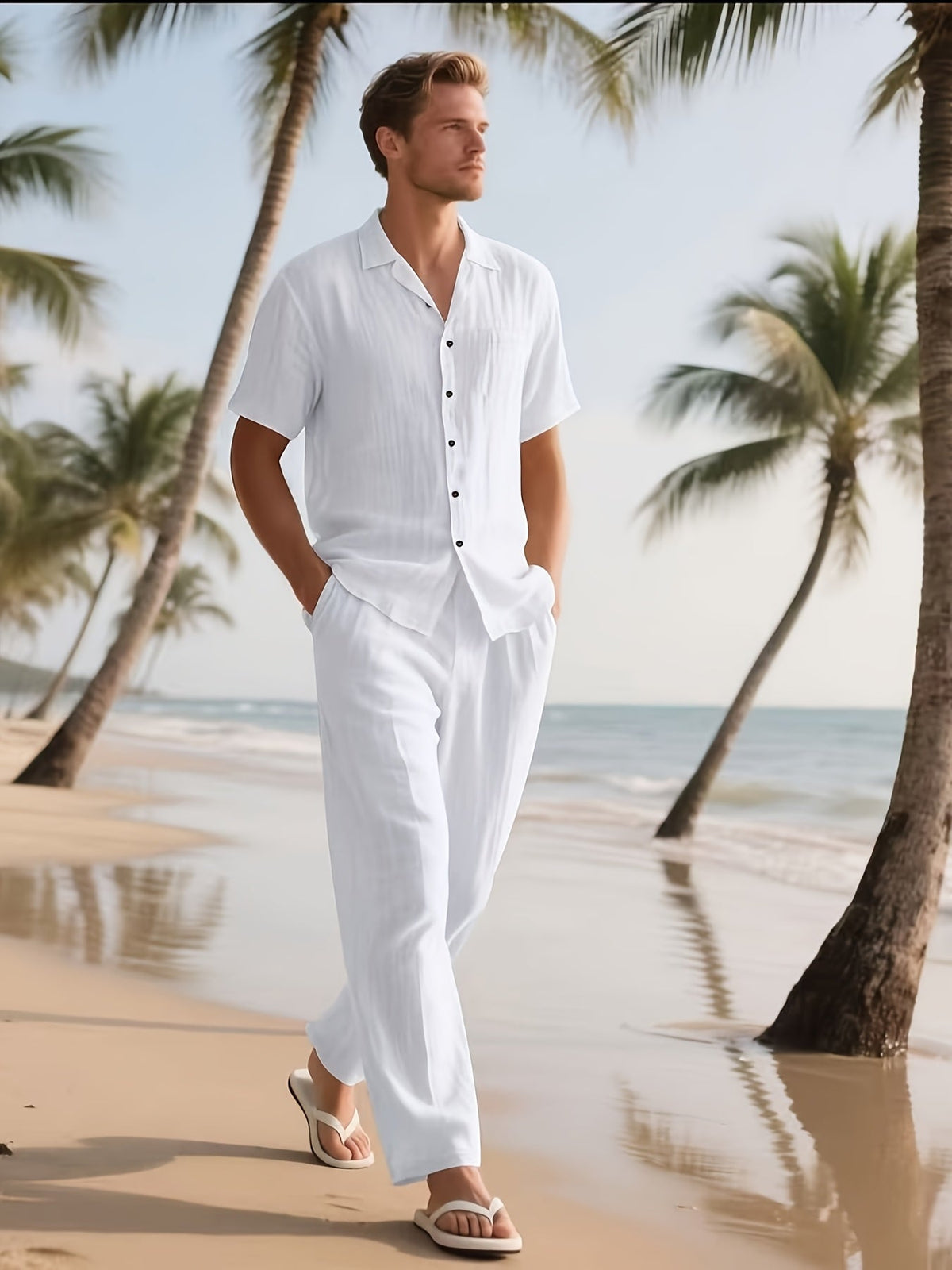 Men's Casual Linen Set – Comfortable and Breathable Short-Sleeve Shirt and Long Trousers