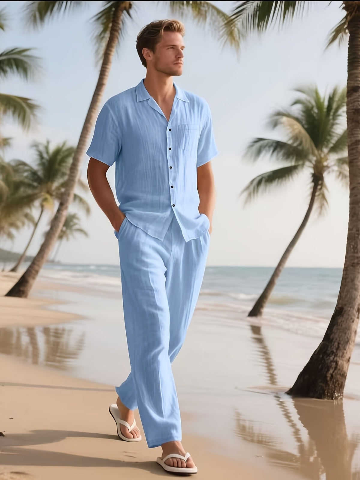 Men's Casual Linen Set – Comfortable and Breathable Short-Sleeve Shirt and Long Trousers