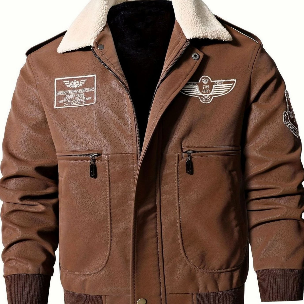 Men's Faux Leather Aviator Bomber Jacket with Sherpa Collar