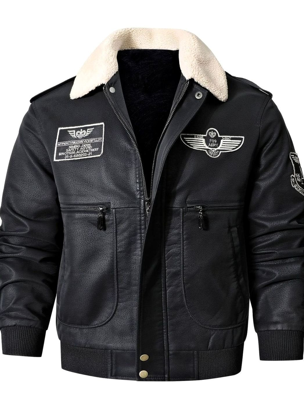 Men's Faux Leather Aviator Bomber Jacket with Sherpa Collar