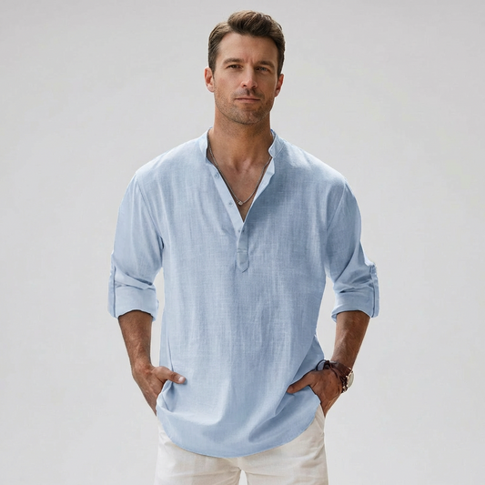 Men's Linen Blend Band Collar Henley Shirt