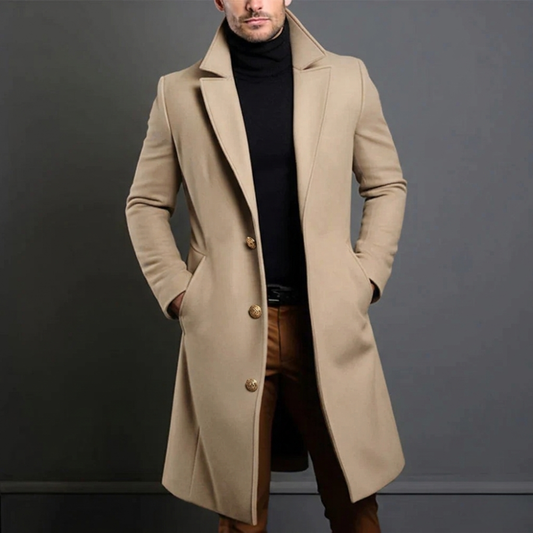 Men's Long Coat with Notched Lapel