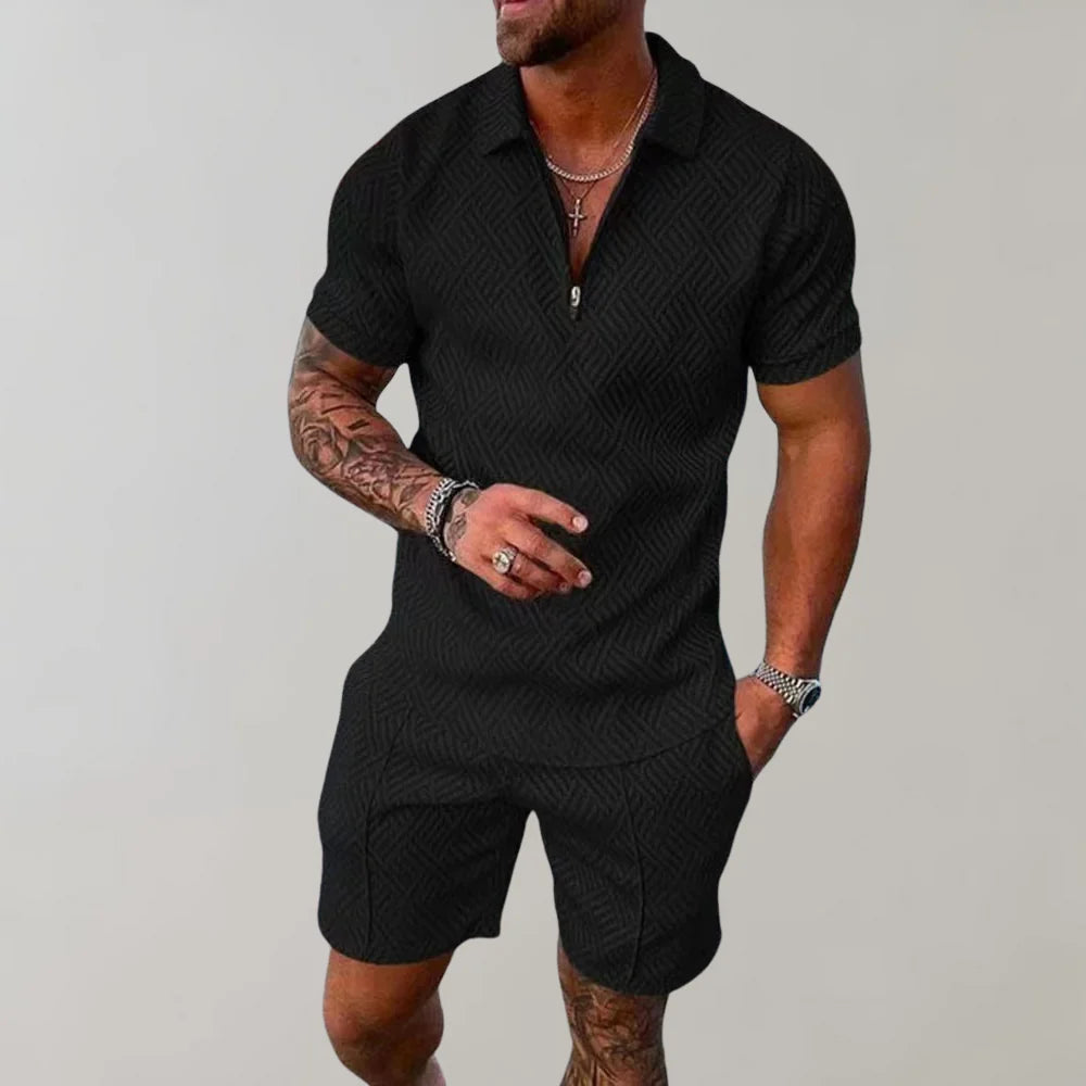 Men's Relaxed Textured Zip Polo & Shorts Set