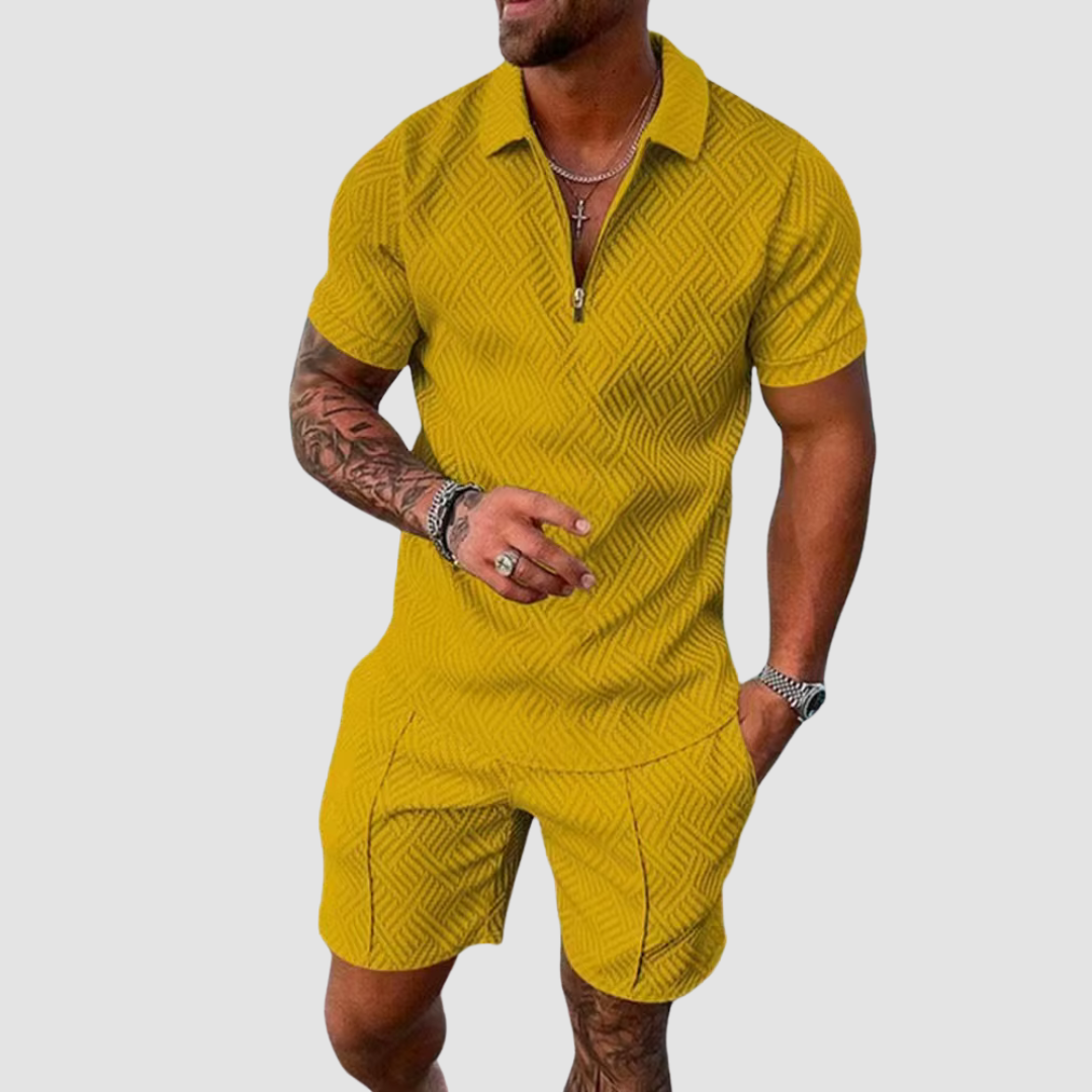 Men's Relaxed Textured Zip Polo & Shorts Set