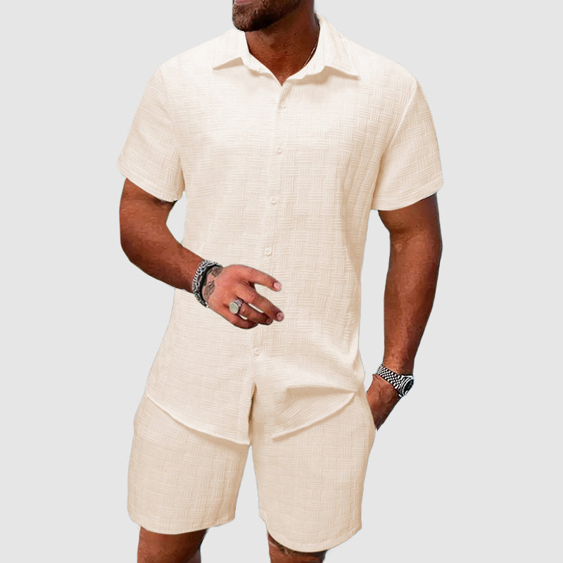 Men's Short-Sleeve Button-Through Shirt and Shorts Set with Collar