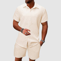 Men's Short-Sleeve Button-Through Shirt and Shorts Set with Collar