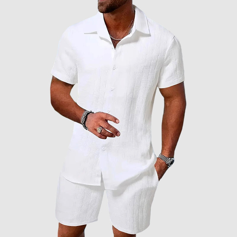 Men's Short-Sleeve Button-Through Shirt and Shorts Set with Collar