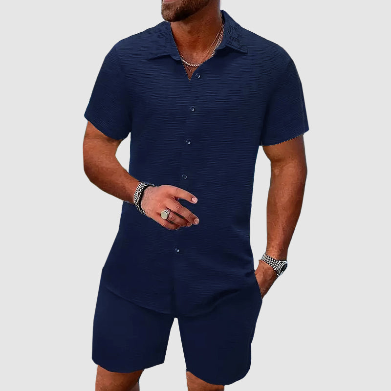 Men's Short-Sleeve Button-Through Shirt and Shorts Set with Collar