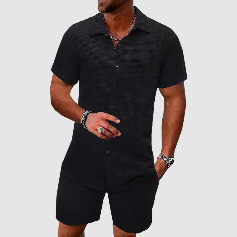 Men's Short-Sleeve Button-Through Shirt and Shorts Set with Collar
