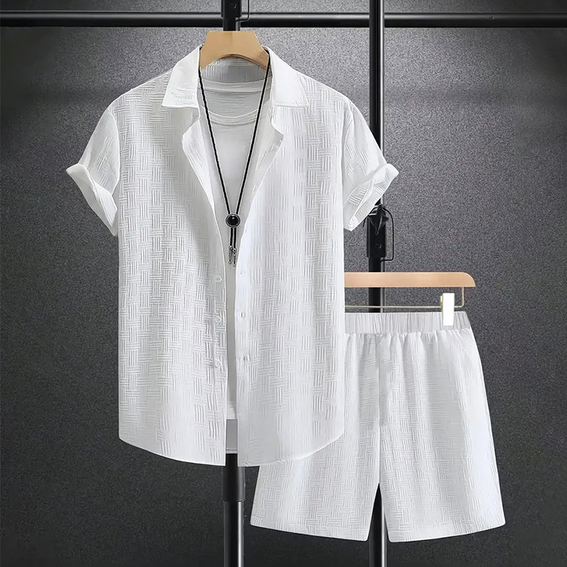 Men's Short-Sleeve Button-Through Shirt and Shorts Set with Collar