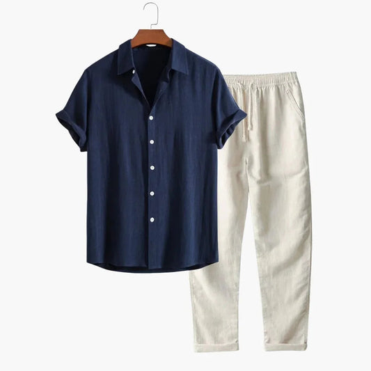 Men's Summer 2-Piece Set with Short-Sleeve Shirt and Tapered Trousers