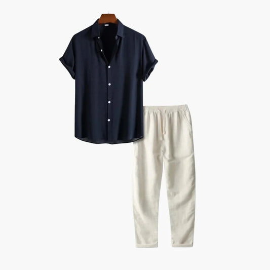 Men's Summer Pajama Set with Short-Sleeve Shirt and Long Pants