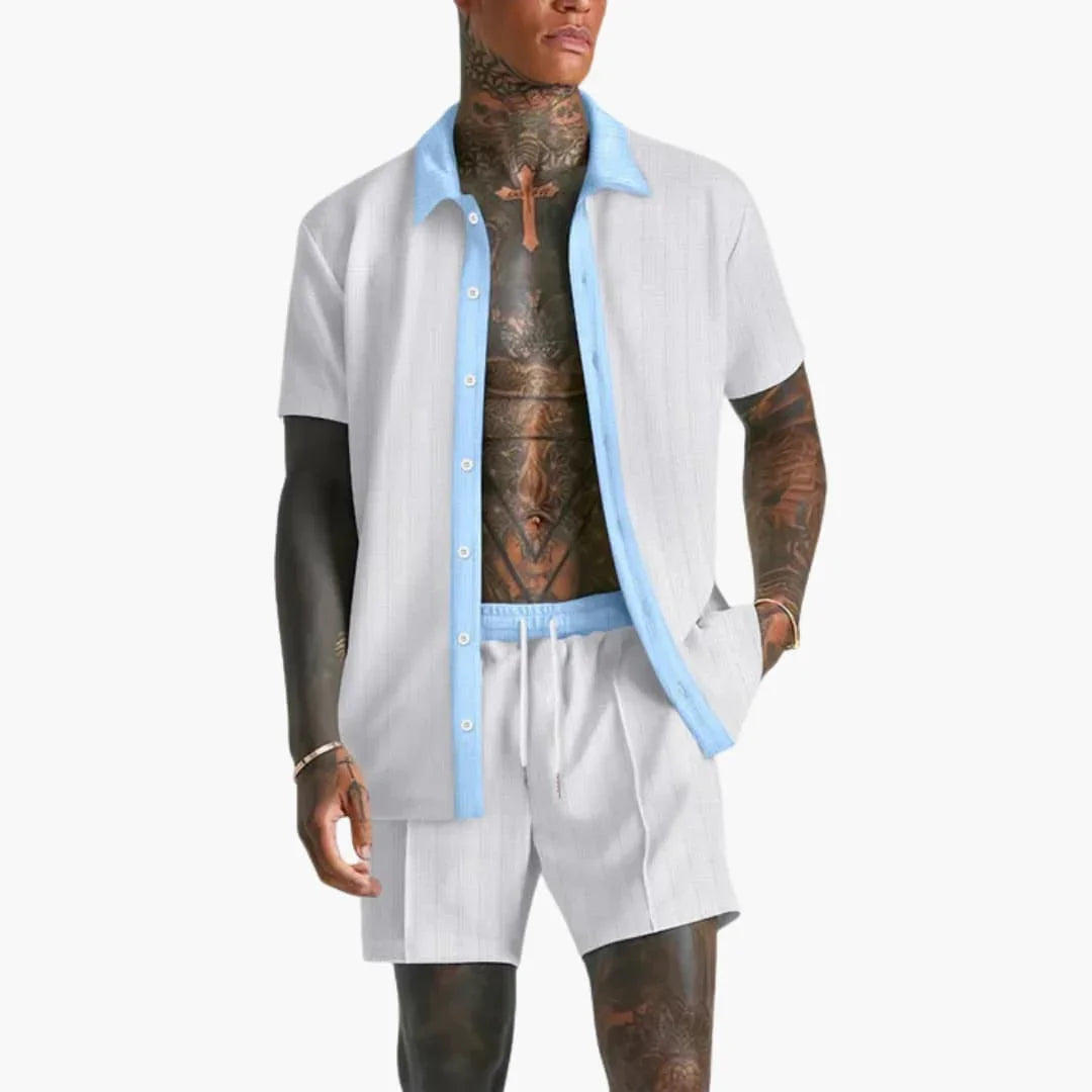 Men's Summer Set with Short Sleeve Shirt and Drawstring Shorts