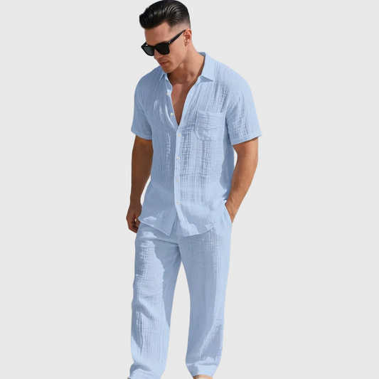 Men's Textured 2-Piece Summer Set with Short-Sleeve Shirt and Pants