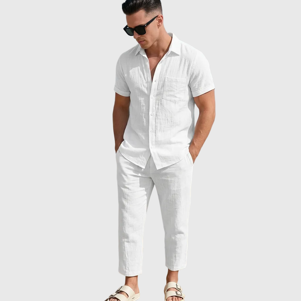 Men's Textured 2-Piece Summer Set with Short-Sleeve Shirt and Pants