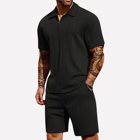 Men's Textured Polo & Shorts Set