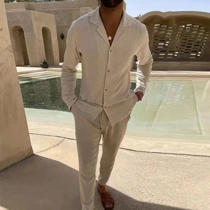Men's Two-Piece Set with Long-Sleeve Shirt Collar V-Neck Top and Straight-Leg Trousers