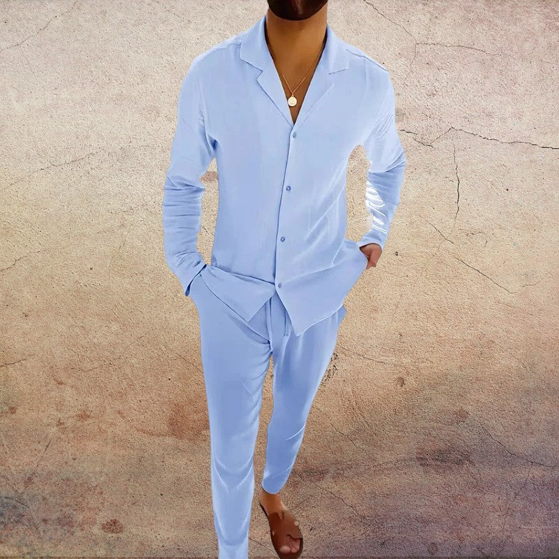 Men's Two-Piece Set with Long-Sleeve Shirt Collar V-Neck Top and Straight-Leg Trousers
